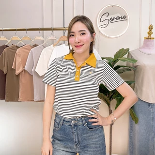 Serene's Choice เสื้อคอโปโลกระดุม ผ้าร่องลายทาง แต่งทูโทน ปักโลโก้ 34/38/42 นิ้ว Short Sleeve Polo Shirt