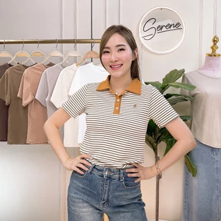 Serene's Choice เสื้อคอโปโลกระดุม ผ้าร่องลายทาง แต่งทูโทน ปักโลโก้ 34/38/42 นิ้ว Short Sleeve Polo Shirt
