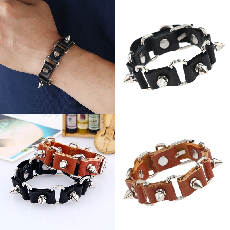 สร้อยข้อมือ กำไล ข้อมือ หนังแท้ Punk Rock Spike Accessories Genuine Leather Bracelet