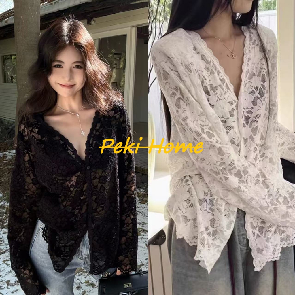 เสื้อเชิ้ตแขนยาวสีดำสุดหรู ดีไซน์คอวี งานลูกไม้สุดเก๋