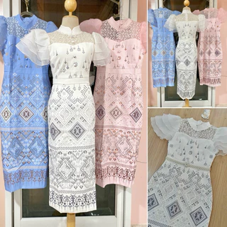 S-XXL ชุดเดรสพิมพ์ลายไทยสีขาว,ชมพู,ครีม,ม่วง,ฟ้า,น้ำเงิน,กรม,เขียว กระโปรงทรงเอบาน #Abigail
