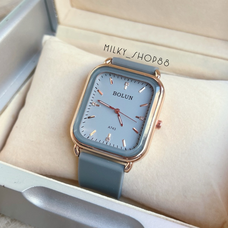 (M21) นาฬิกา Bolun แท้ ทรงเหลี่ยม ปัดจุด เพชร สายซิลิโคน (12 สี)