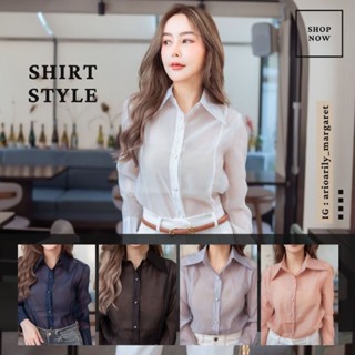 เสื้อเชิ้ตแขนยาวผ้าแก้วซีทรูบางเบาปั้มกระดุม