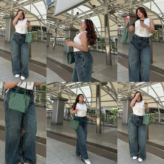 Moonjeans กางเกงยีนส์เอวสูงทรงกระบอกใหญ่สาวอวบ ไซซ์ใหญ่ (BAGGY JEANS) Moonstonechubbyhouse [ Code: 1717 ]