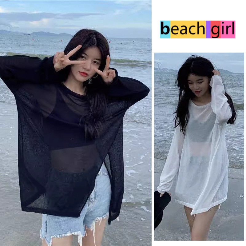 🌈beachgirl🌈ชุดคลุม บิกินี่ เหมาะกับสาวอ้วน ตาข่ายเสื้อยืดแขนยาว summer ป้องกันแสงแดด บาง หลวมและสะดวกสบาย