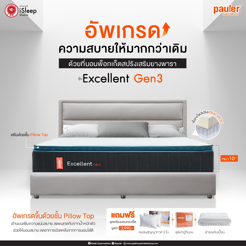 Pauler ที่นอนพ็อกเก็ตสปริงเสริมยางพารา Micro-Latex-®: High Density 90 Kg/M รุ่น Excellent Gen3 หนา 1