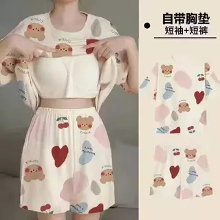 ชุดนอนเซ็ต ผ้าเด้งนิ่ม มีบราในตัว แขนสั้น กางเกงขาสั้น ลายน่ารัก ผ้าใส่สบาย รหัสQZ