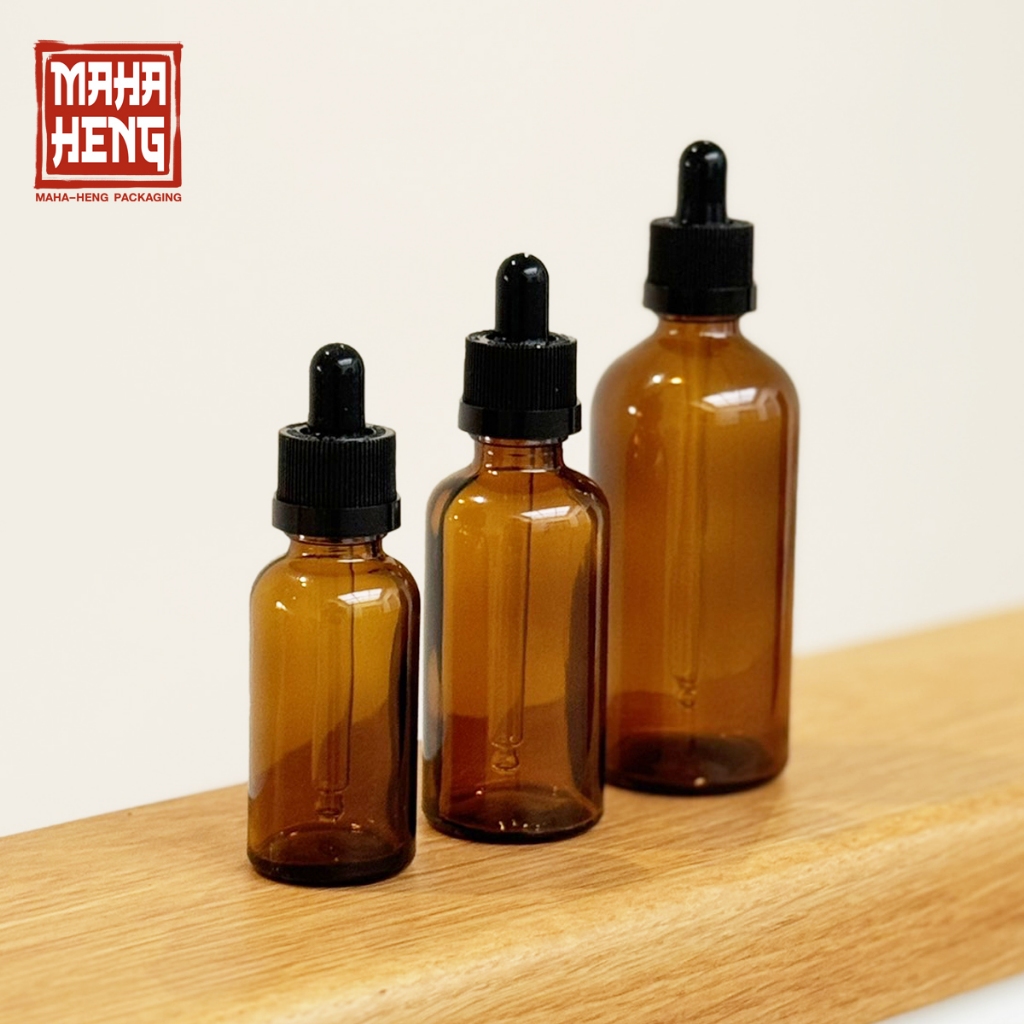 ขวดดรอปเปอร์ ขวดเซรั่มหัวดรอป ขวดแก้วสีชา 30/50/100 ml พร้อมจัดส่ง มหาเฮงบรรจุภัณฑ์