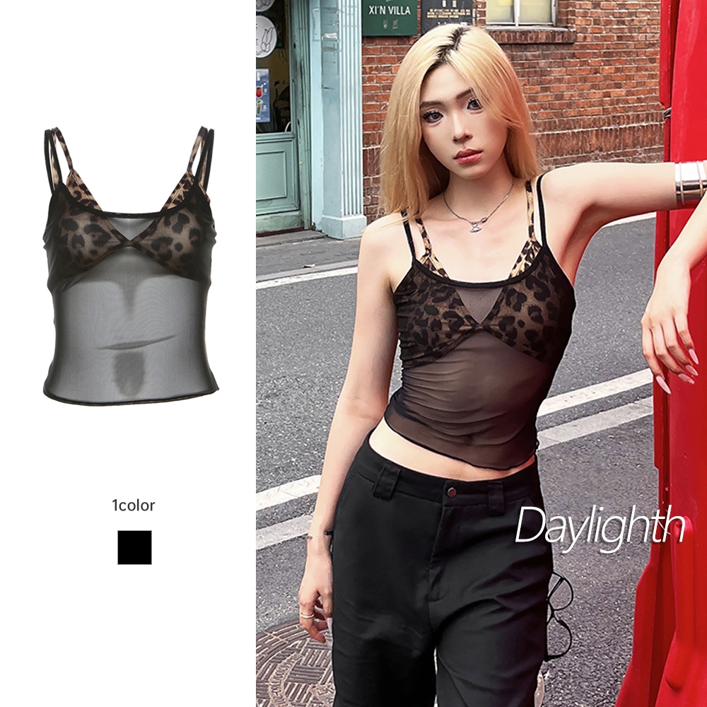 ใหม่แฟชั่นเซ็กซี่ตาข่ายดูผ่านเสือดาวสองชิ้นชุดสายรัด Camisole DL