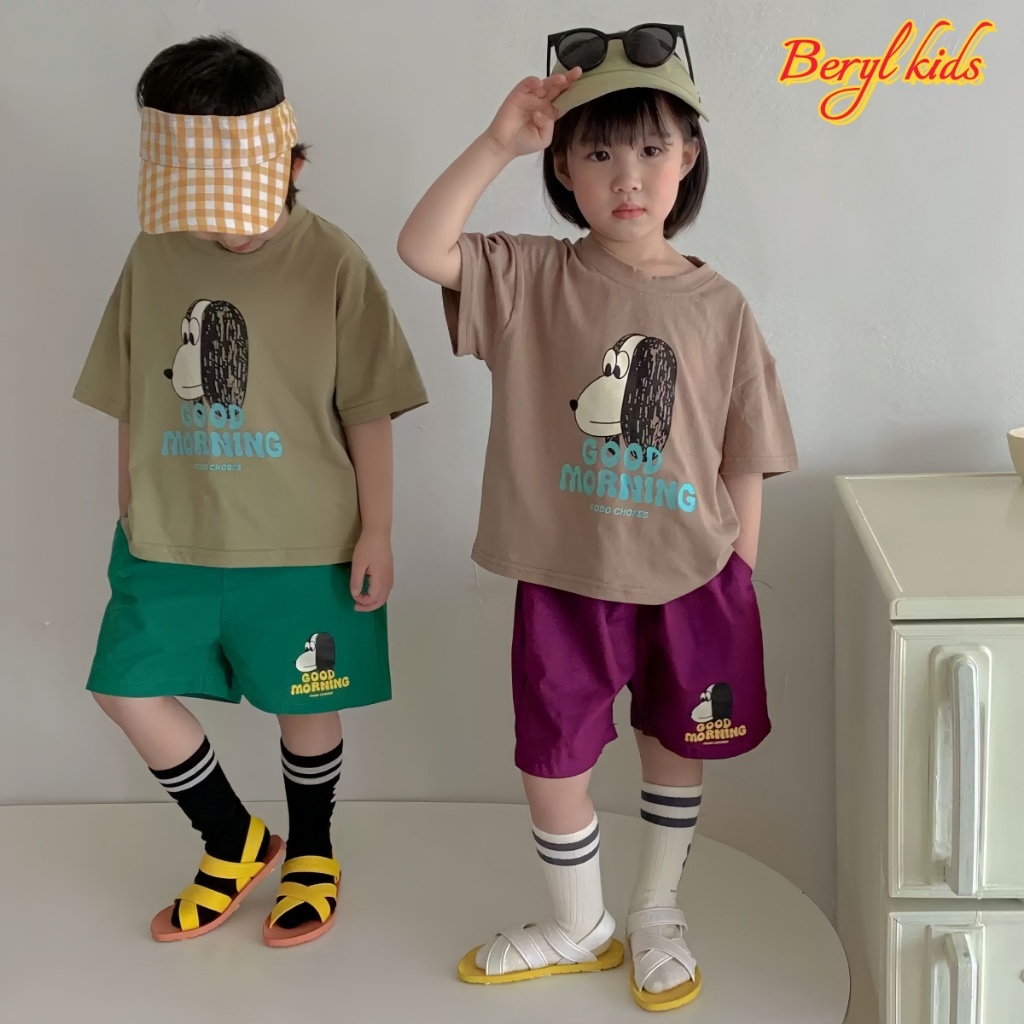 Beryl kids🌸ชุดเซ็ทเด็กแฟชั่นฤดูร้อน🎀ชุดลำลอง 2ชิ้น เสื้อยืดคอกลมกางเกงขาสั้น พิมพ์ลายน่ารัก สะดวกสบาย สำหรับเด็กชาย-หญิง