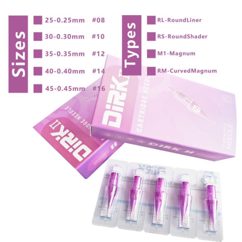 เข็มสัก เข็มฮอค DIRK รุ่น 2 สีม่วง กล่อง 10 ชิ้น  ขนาด 0.35 หัวเข็มเลส 316 สักติดง่าย