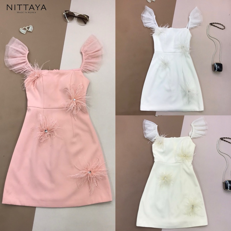 [NITTAYA] D2698 ชุดเดรสกระโปรงแขนระบายดีเทลแต่งเพชรขนนกสวยหรูดูแพงผู้ดีลุคคุณใส่เที่ยว ออกงาน ดินเนอร์ คาเฟ่  งานแต่ง