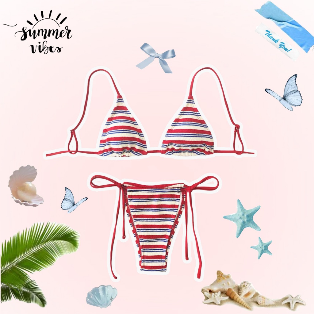 🌸พร้อ​มส่ง🌸บิกินี่ลายทางแดงสลับขาวน้ำเงิน Sexy bikini  ใหม่ แฟชั่น บิกินี่สวยมาก ผ้าดี