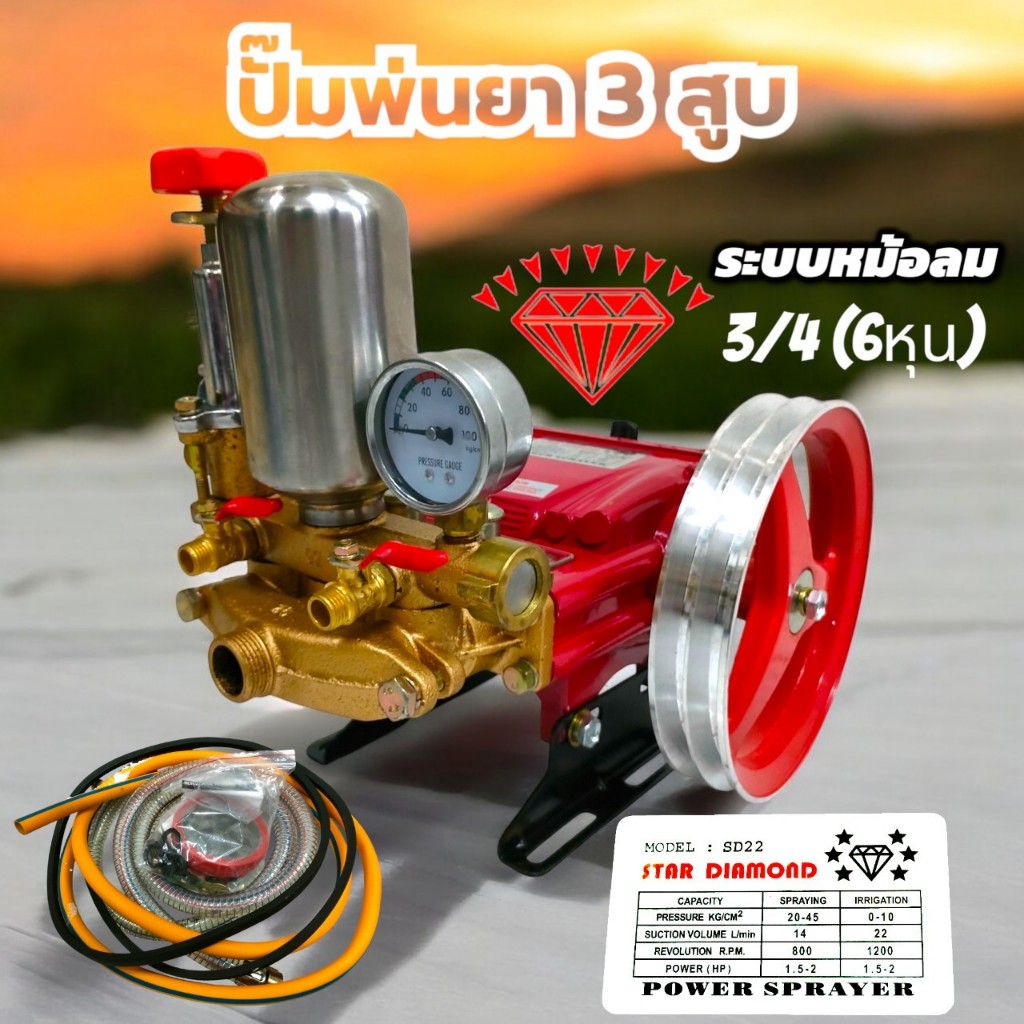 ปั๊มพ่นยาตราเพชร ปั๊มพ่นยา3สูบ ขนาด 3/4" (6 หุน) ธรรมดา รุ่น SD-22 (01-0310)