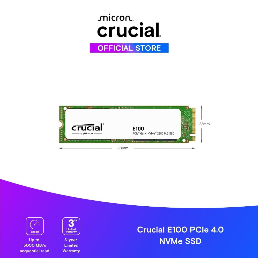 Crucial E100 480GB / 1TB PCIe 4.0 Gen4 2280 NVMe M.2 Internal SSD ( CCL-CT480E100SSD8 / CCL-CT1000E100SSD8 )