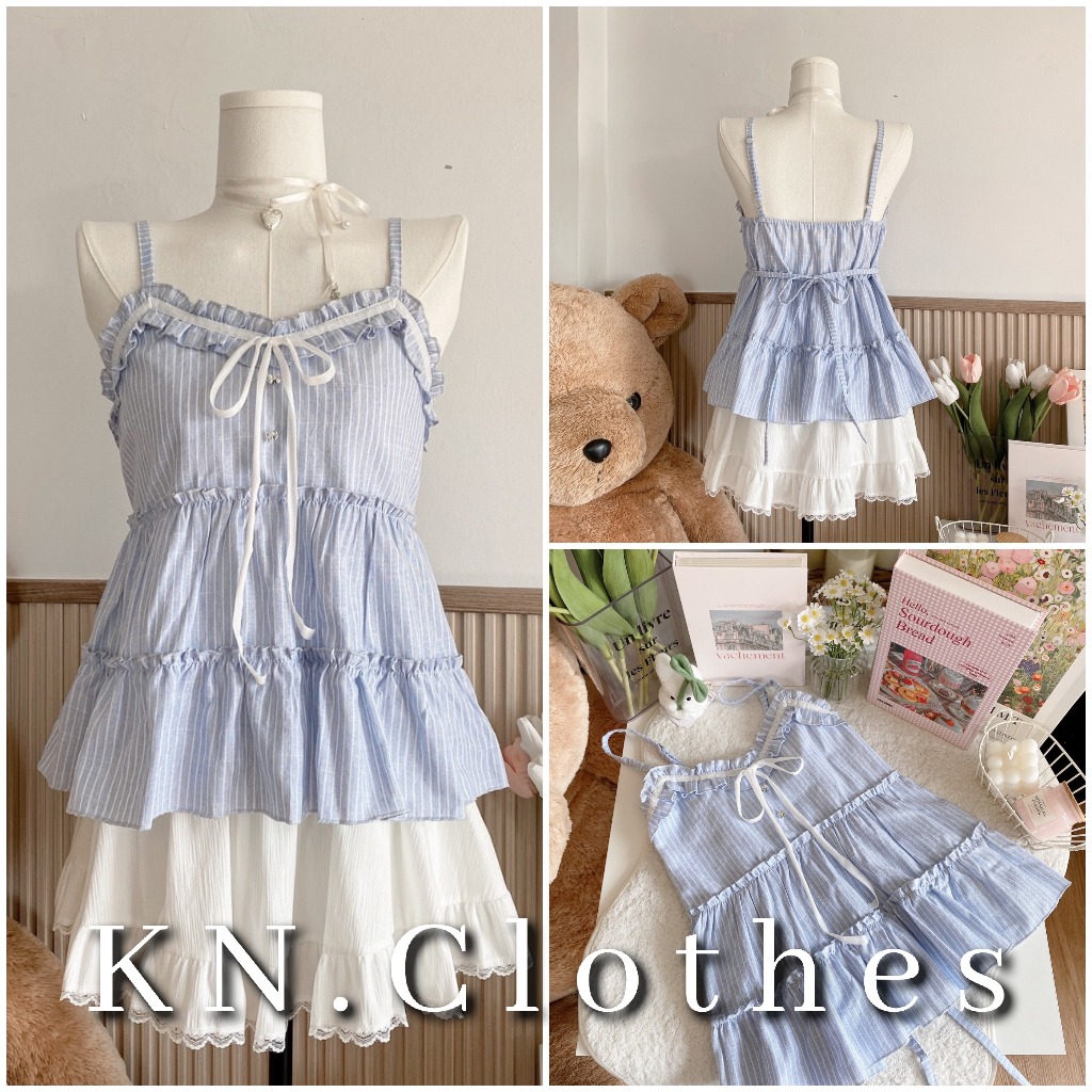 Candy cami เสื้อสายเดี่ยวตัวยาว แต่งขนมชั้น ระบายหน้าอก มีเชือกผูกด้านหลัง KN.Clothes