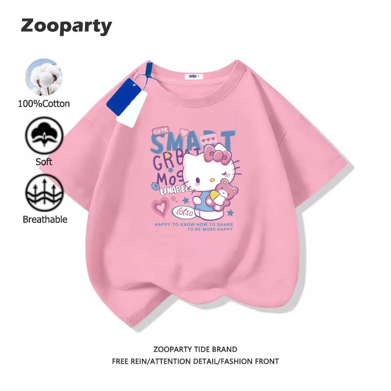เสื้อเด็ก  Kitty แฟชั่น น่ารัก การ์ตูน สไตล์เกาหลี ฤดูร้อน ใหม่ คอกลม เสื้อยืดเด็กผู้หญิง 100% cotton ใส่สบาย นุ่ม