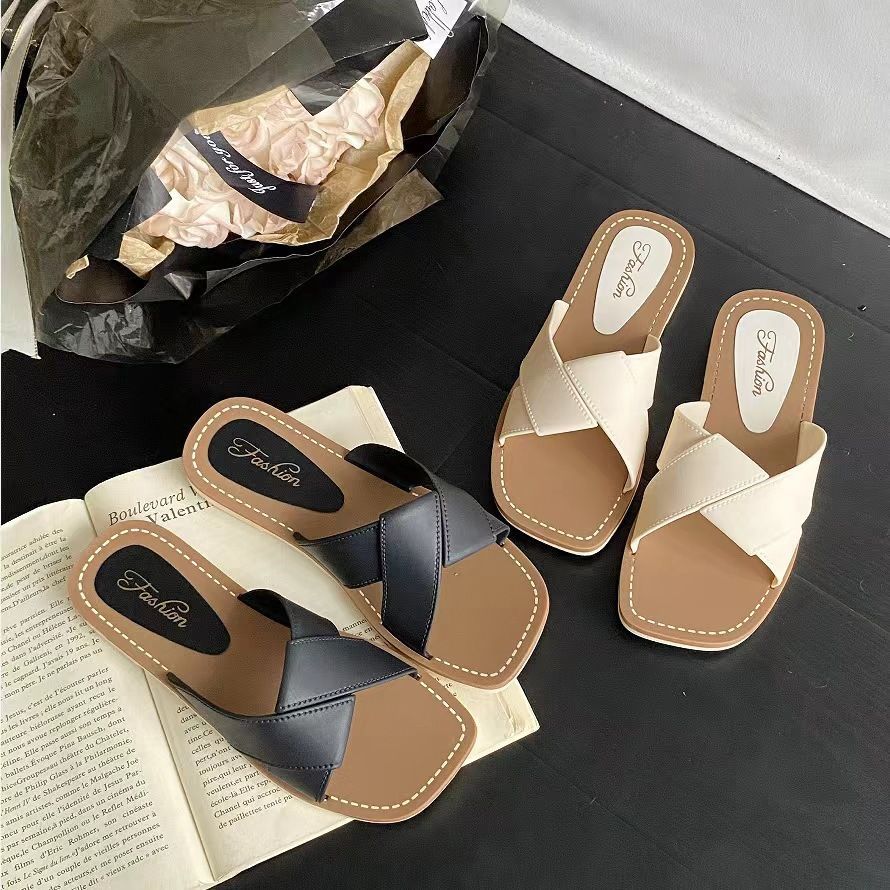 รองเท้าแตะ คาดแต่งไขว้ พื้นลายเชือกถัก 3 สี ส้นตึก เบอร์ 36-40