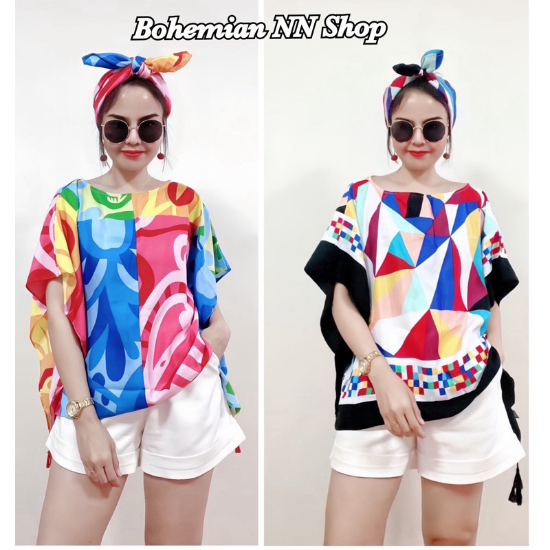 ️เสื้อโบฮีเมียนงานใส่สบายสาวอวบใส่ได้ ไม่ร้อนเนื้อผ้าโพลีเอสเตอร์ สีสันแบบจี้ดๆโดนๆ ️