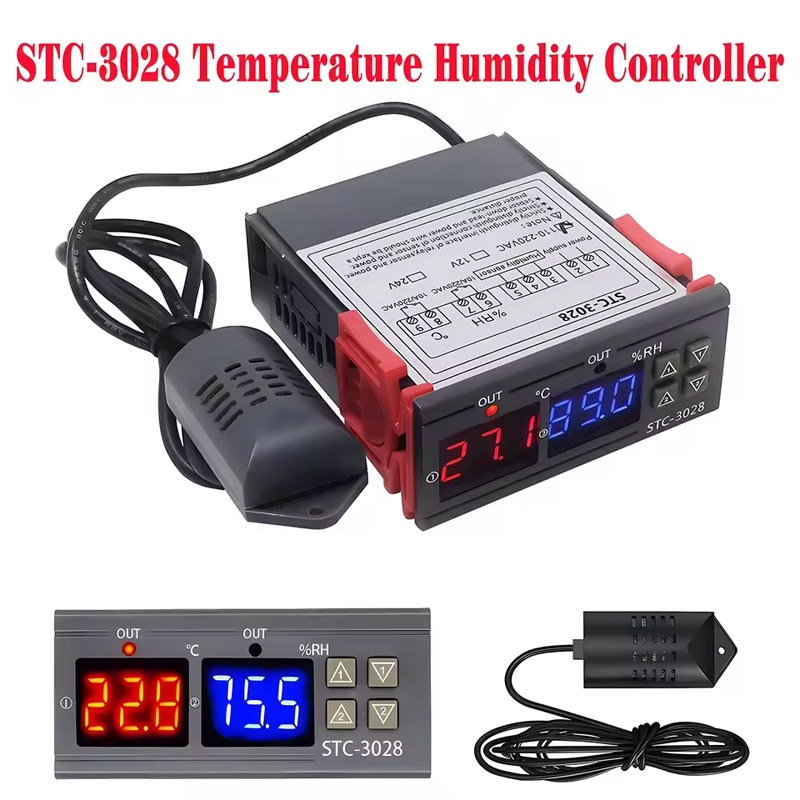 STC-3028 เครื่องควบคุมอุณหภูมิและความชื้นแบบดิจิตอลคู่ เทอร์โมมิเตอร์ไฮโกรมิเตอร์ เหมาะสำหรับโรงเรือนฟักไข่ 220V