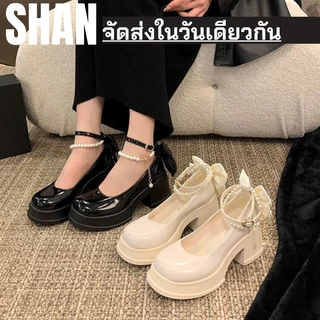 🚚จัดส่งในกรุงเทพฯ- รองเท้าเดี่ยว Mary Jane พื้นหนา, รองเท้าหนังแฟชั่นสำหรับสุภาพสตรี, ตกแต่งโบว์