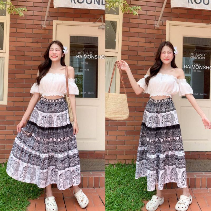 💰MahahengCloset💰กระโปรงยาวลายช้าง แต่งระบายดีไซน์เกาหลี ผ้าคัตนุ่มสบาย ใส่แล้วได้ลุคคิ้วท์สุดๆ✨💕
