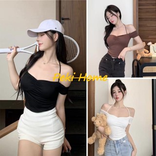 เสื้อครอปเปิดไหล่สไตล์สาวหวาน สายเดี่ยวแขนสั้นเกาหลี
