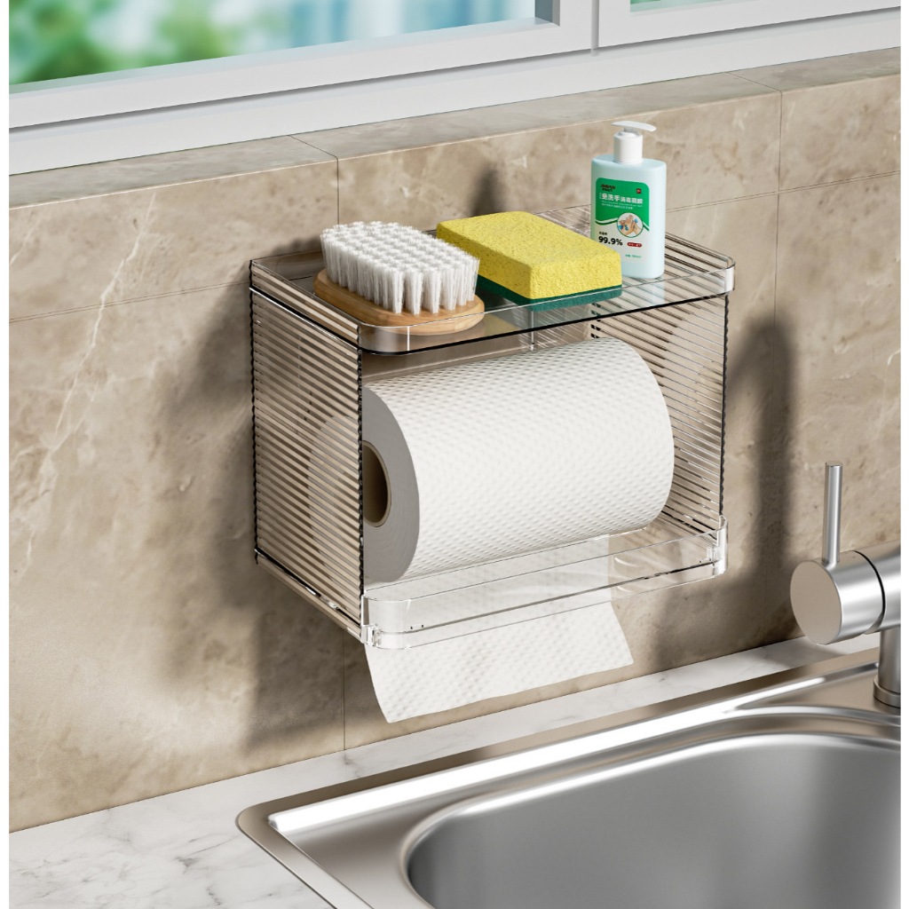 กล่องกระดาษทิชชู่ติดผนัง อะคริลิคใส ไม่ต้องเจาะผนัง สำหรับในห้องน้ำ ห้องครัว มาพร้อมชั้นวางของ A354 - รูปที่ 6