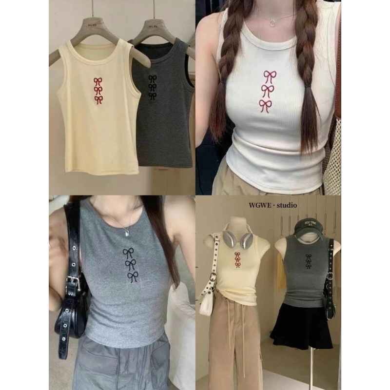 🇰🇷👕แฟชั่นเกาหลี TAG WG.WE.เสื้อกล้ามงานwg.weปักโบว์ ผ้ายืดได้เยอะทรงสวย🇰🇷