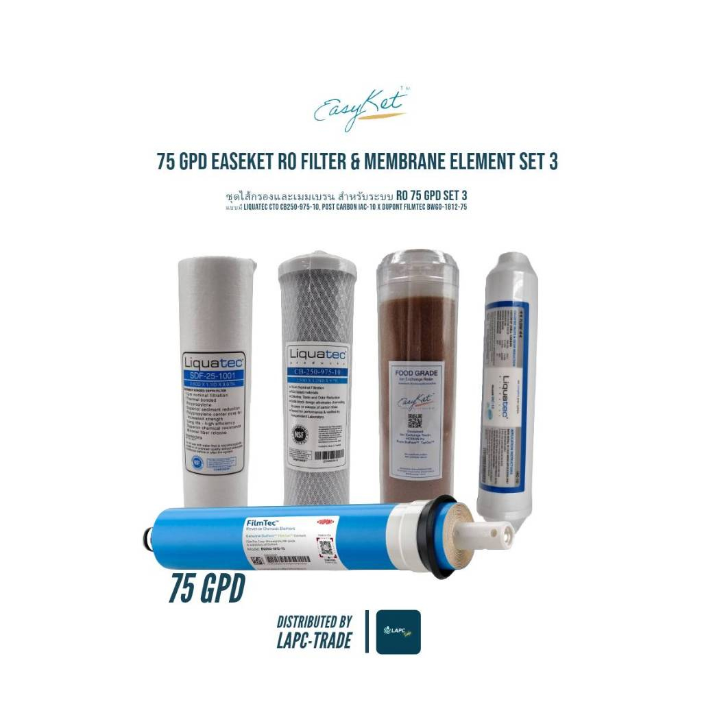 EasyKet ™ RO FIlter & Membrane Element 75 GPD Set 3 with LIQUATEC CTO, IAC-10 x DuPont ™ FilmTec ™ BW60-1812-75