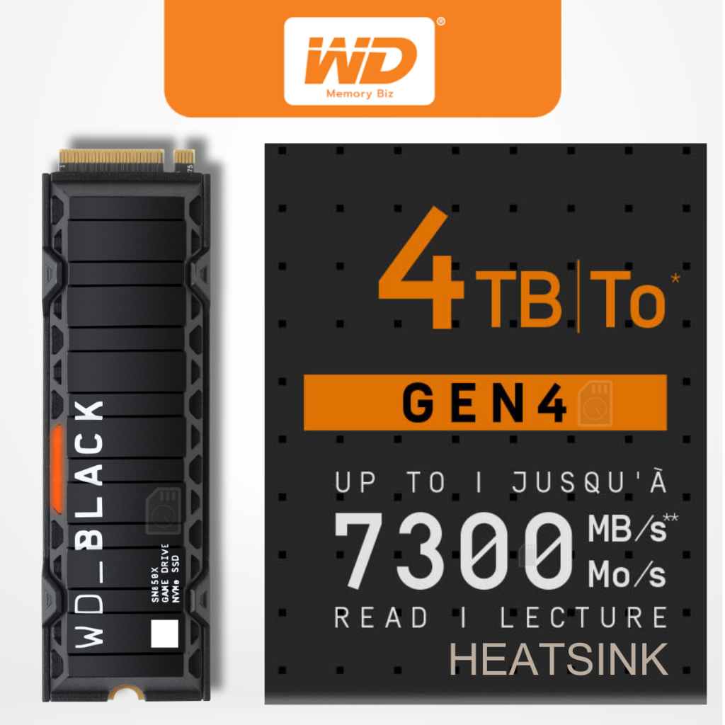 4TB SSD (เอสเอสดี) WD BLACK SN850X WITH *HEATSINK - PCIe 4x4/NVMe M.2 2280 (WDS400T2XHE) for PS5