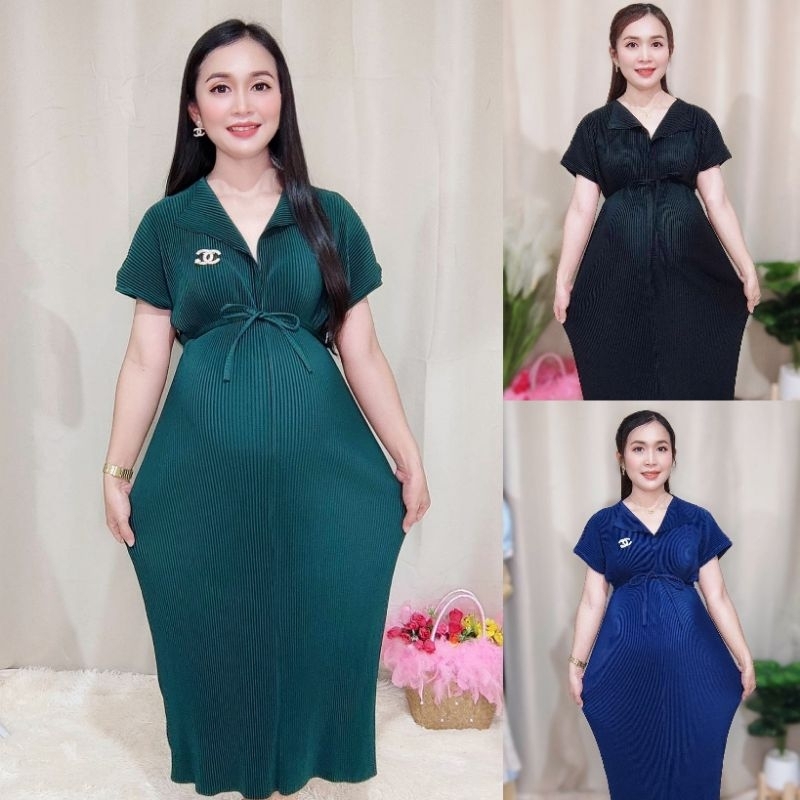✨Maxi dress✨เดรสอัดพลีทรุ่นยาว คอวีปก แขนล้ำ สายผูกเอวแยก (ไม่ท้องก็ใส่ได้นะคะ) สาวอวบ คลุมท้อง