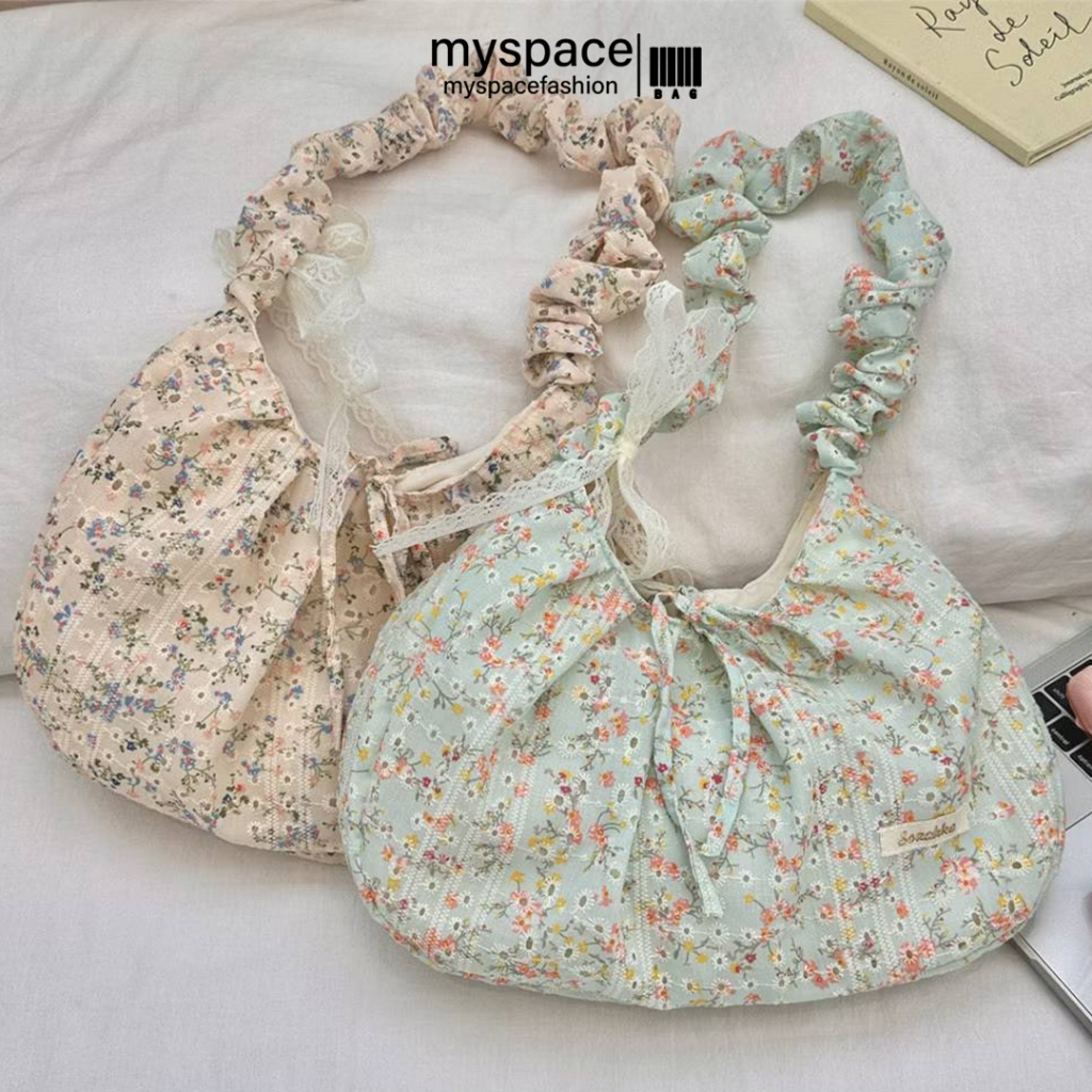 myspacefashion(MY2313) กระเป๋าสะพายไหล่ผ้าฉลุลายดอกไม้