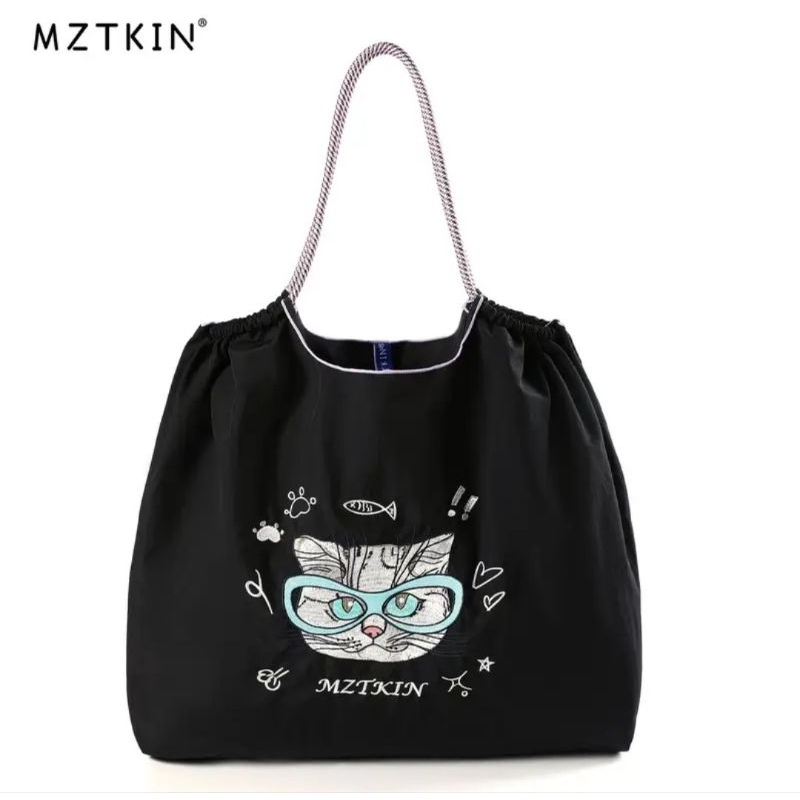 พร้อมส่ง 😸 Kawaii Cat กระเป๋าใบใหญ่สีดำ ลายแมวใส่แว่นเก๋ ๆ น้ำหนักเบา ผ้านิ่ม ใส่ของได้เยอะ (Tote Bag, Shoulder Bag)