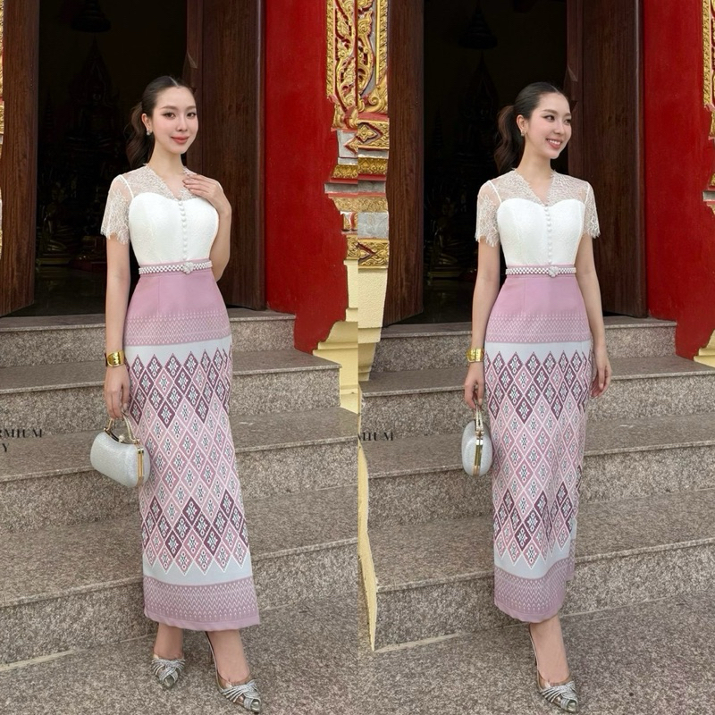 Set เสื้อลูกไม้ทรงแขนสั้น มาพร้อมผ้าถุงสำเร็จลายผ้าไทย
