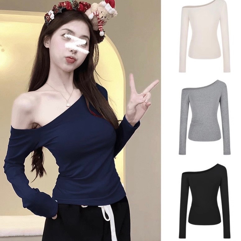 พร้อมส่ง🩵เสื้อยืดแขนยาวปาดไหล่แขนเซ็กซี่ งานเรียบๆ เข้ารูปสวยมาก