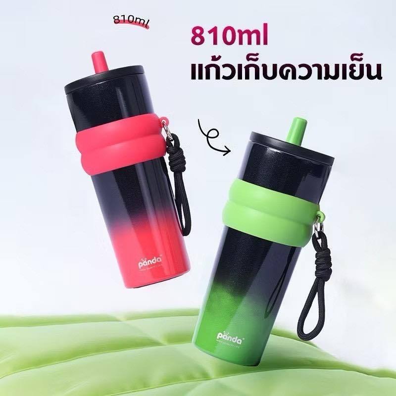 แก้วเก็บความเย็น แบรนด์ Panda แท้  แก้วเยติ 304 เคลือบเซรามิก ขนาด 810 มล.มีหลอดดูด พับเก็บได้ มีที่