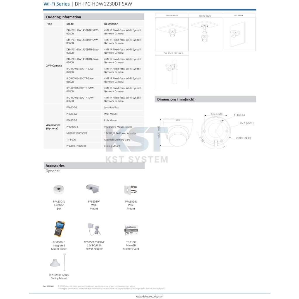 IPC-HDW1230DT-SAW (เลือกเลนส์-พร้อมAdapter) กล้องวงจรปิด Dahua IPC 2MP Wi-Fi (ไมค์)