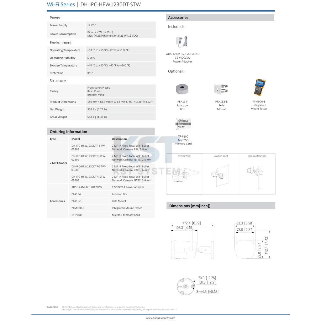 IPC-HFW1230DT-STW (เลือกเลนส์-Adapterในตัว) กล้องวงจรปิด Dahua IPC 2MP Wi-Fi (Two-Way)
