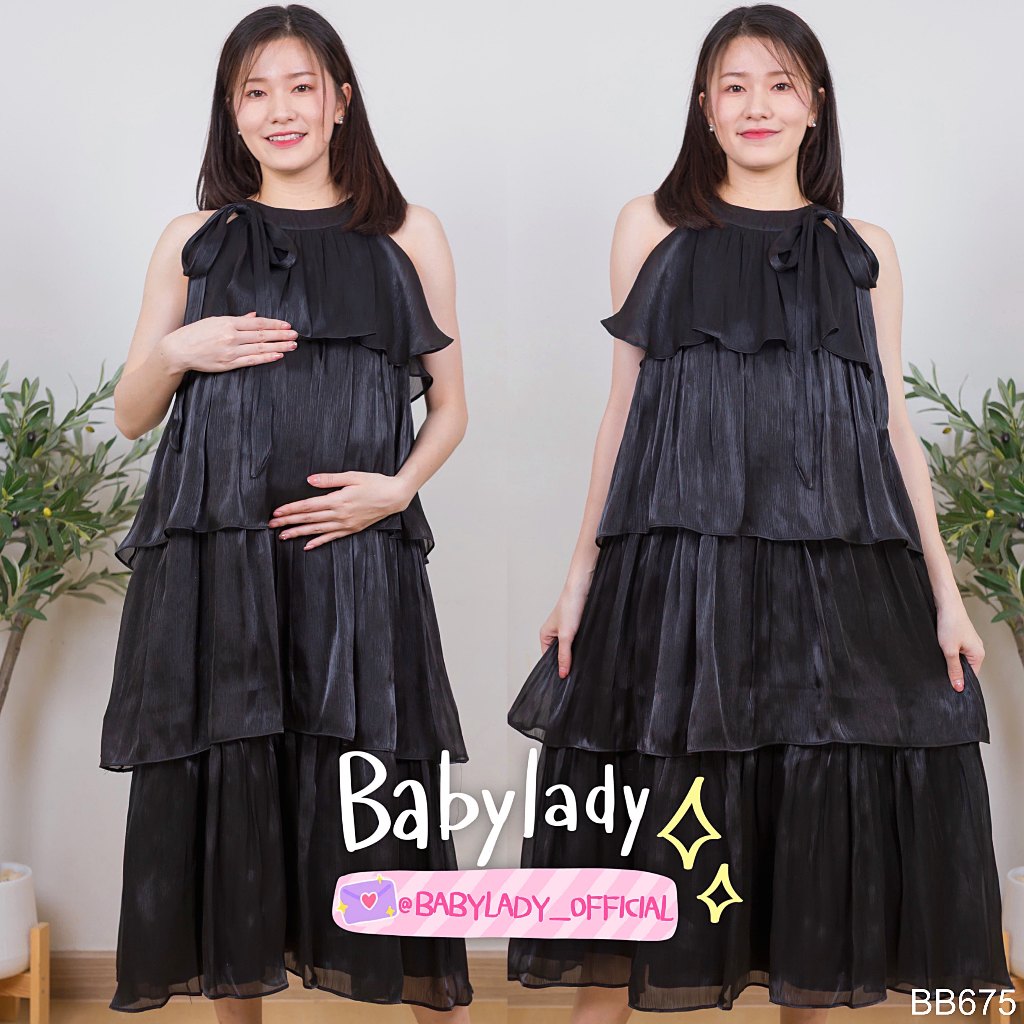 BB 675 ชุดคลุมท้อง BABYLADY เนื้อผ้าชีฟองซาตินผสมดิ้น สีน่ารักมากก ผูกโบว์ช่วงคอ ตัดต่อระบายชั้นๆ