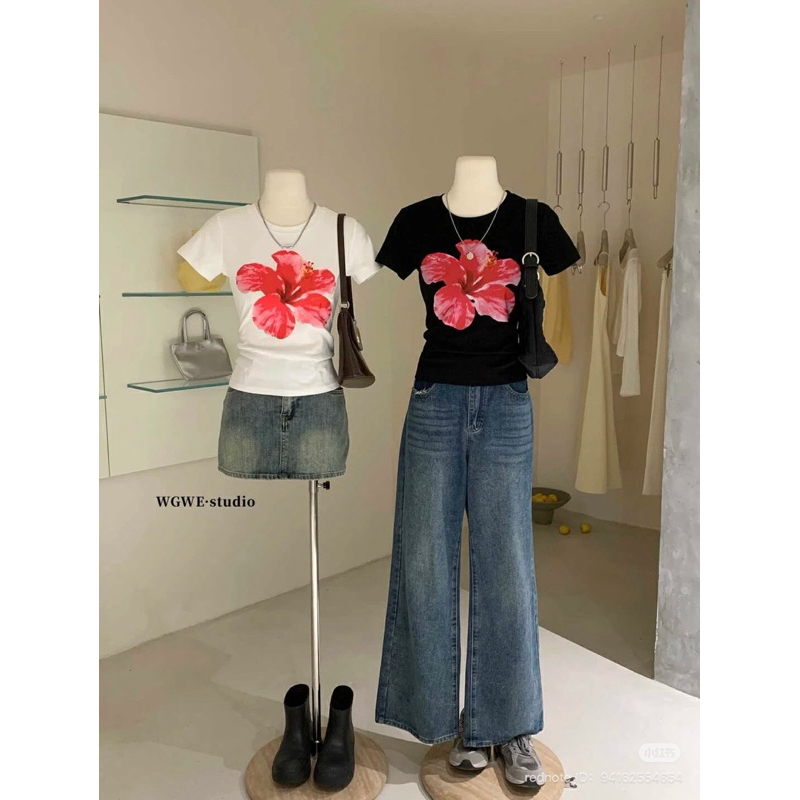 New collection 🌺พิมพ์ดอกชบาสีแดง ขนาดพอดีตัว มี2สี ขาว ดำ teeda - รูปที่ 7