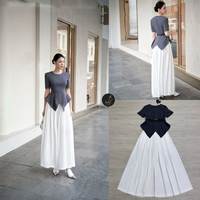 Ticha brand จัดจำหน่ายโดย : Ticha:  Set 2ชิ้น เสื้อแขนสั้น คอกลม ดีไซน์แต่งปลายชายเสื้อจับจีบเว้าข้า