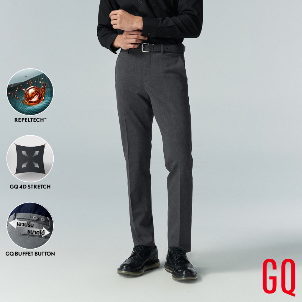 GQ Perfect Pants™ กางเกงขายาวผ้าสะท้อนน้ำ ลายตารางสีเทาเข้ม