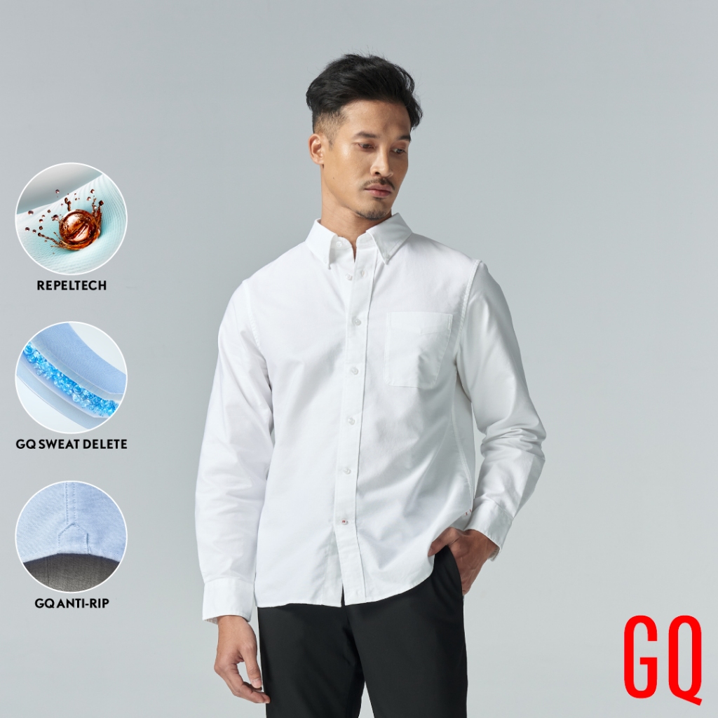 GQ Perfect Oxford™ Shirt​ เสื้อเชิ้ตบุรุษ จีคิว ออกฟอร์ดแขนยาว ​สีขาว