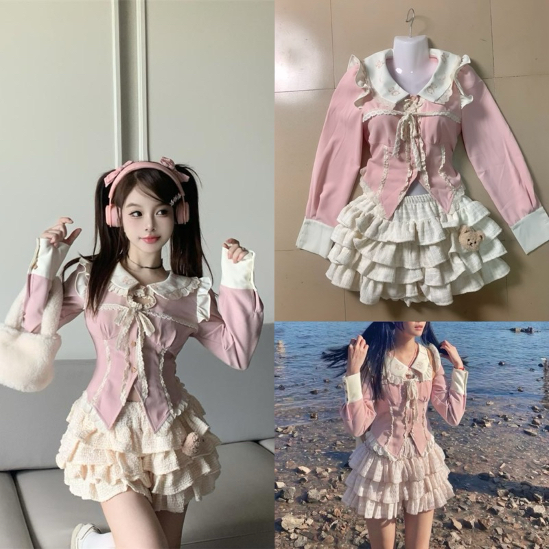 Rt108ร้านไทย  เซ็ตเสื้อเบลาส์ชมพูคอปกใหญ่ + กางเกงกระโปรงระบายฟูฟ่องน่ารัก