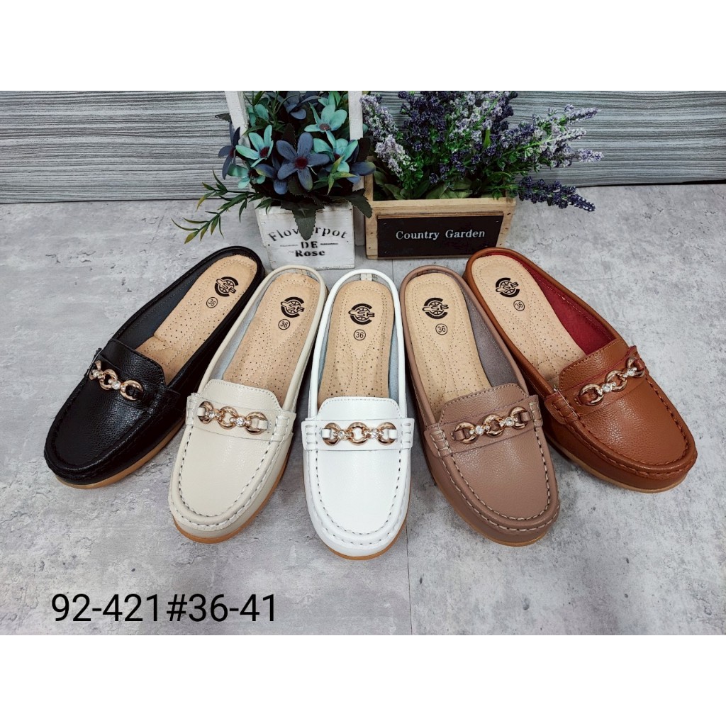XX92-421 รองเท้าหนังหุ้มส้นผู้หญิงไซส์36-41มีหลายสีส้นเตี้ย เปิดส้นส้นแบน (1 นิ้ว หรือน้อยกว่า)