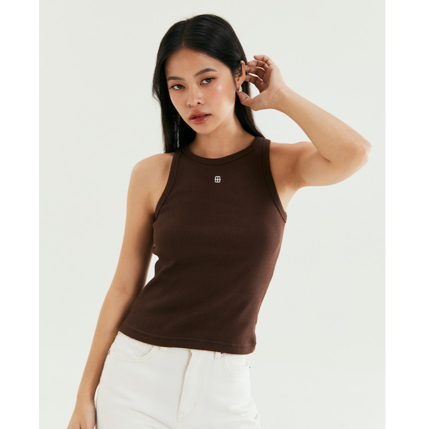 MOTTOM - MOTTOM Logo-Embroidered Ribbed Stretch-Cotton Tank Top in Dark Brown