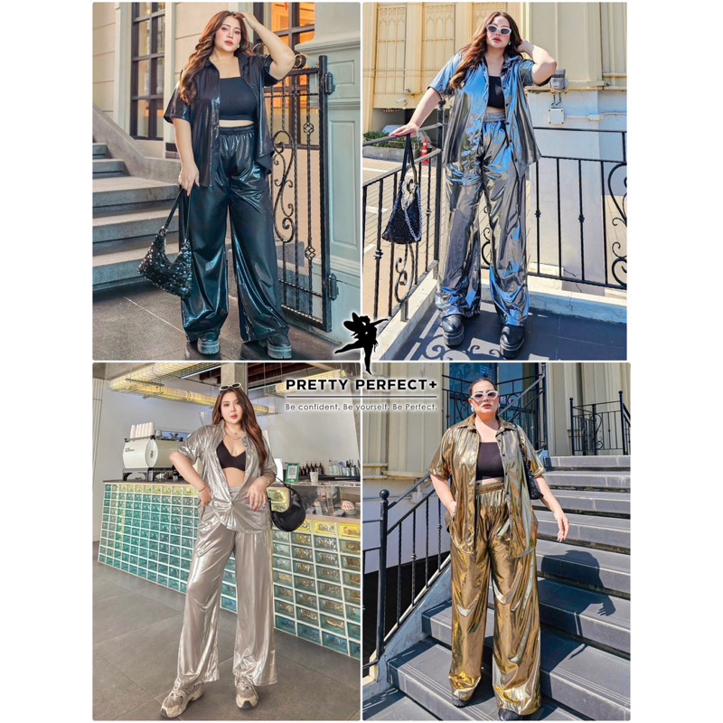 (ส่งด่วน) Metallic Set ชุดเซตเมทัลลิค เสื้อเชิ้ต+ กางเกงกระบอกใหญ่ อก 38-60"
