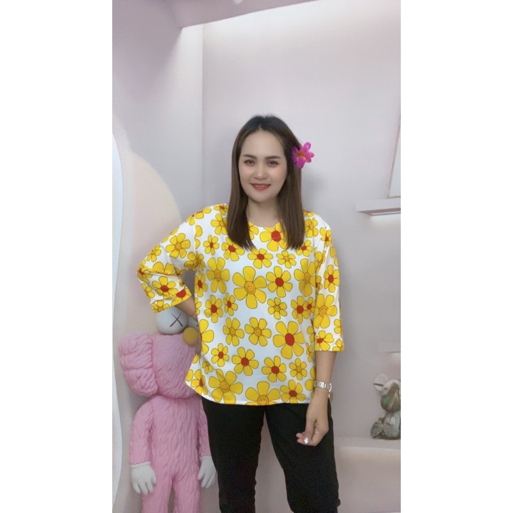 เสื้อผ้าสาวอวบ เสื้อลายดอกดำ ฟรีไซร์อก46-52นิ้ว เสื้อลายดอก ใส่สบายๆ รุ่น77
