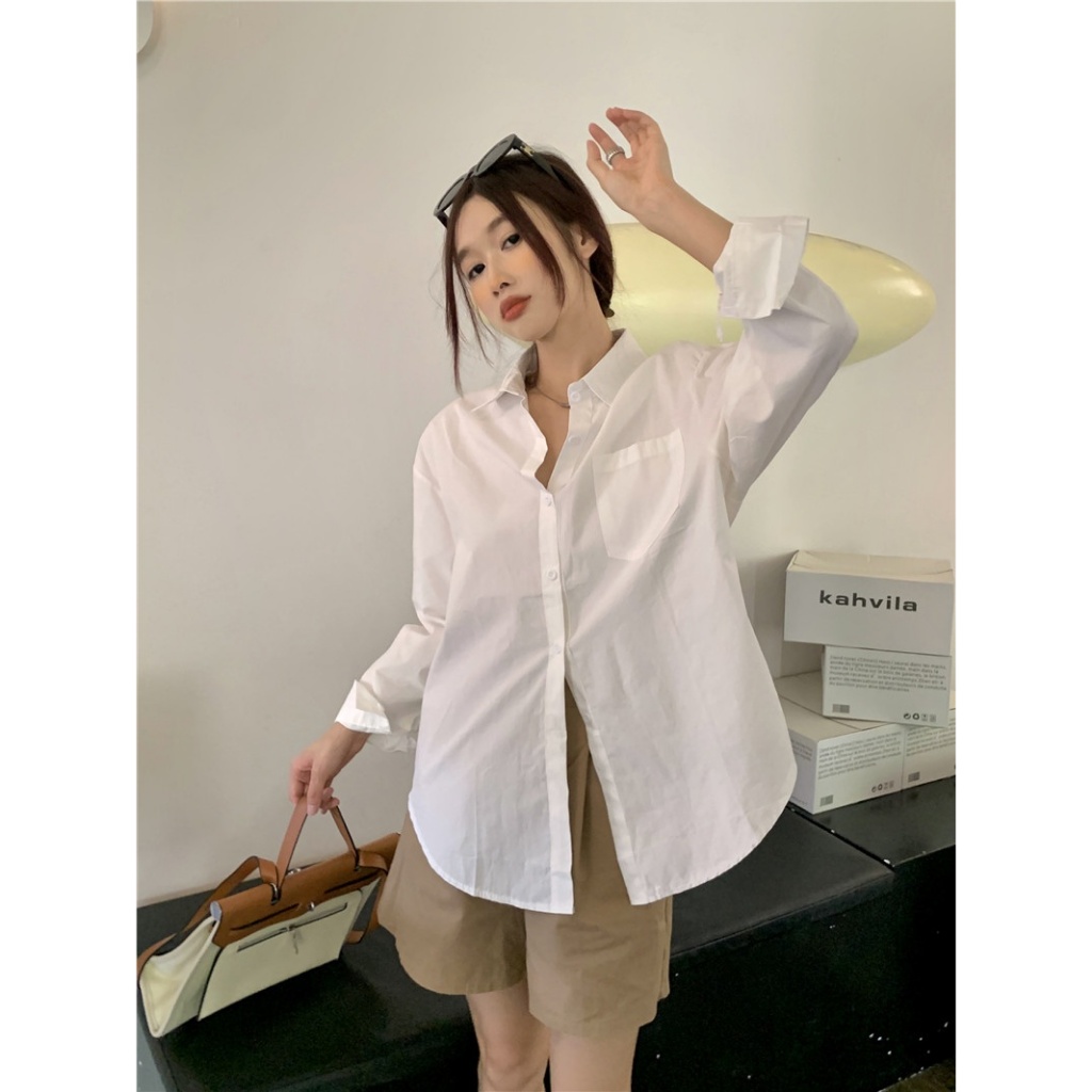เสื้อเชิ้ตผู้หญิง เสื้อคลุมแขนยาว แต่งกระเป๋าหน้า สีพื้น ผ้าดี ทรงหลวม - รูปที่ 4